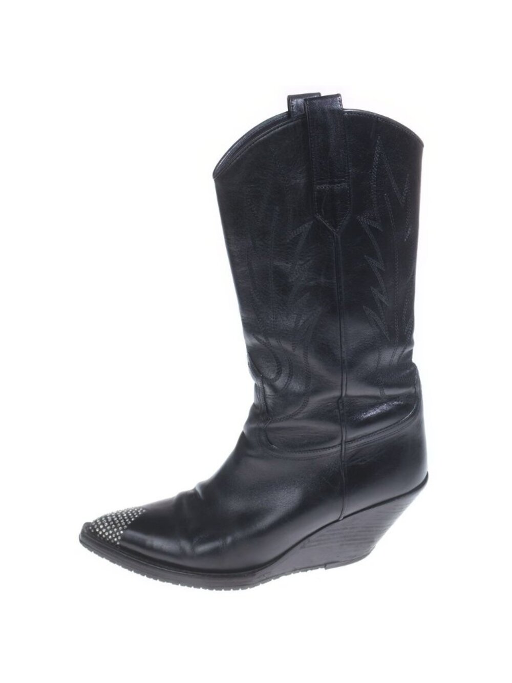 Celine Moon High Rhinestone Decoration Leather Cut Western Boots Black